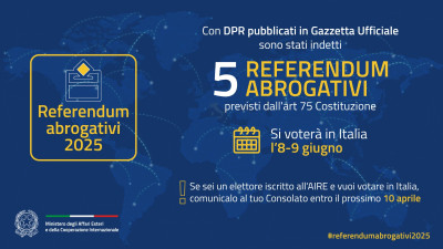 Consultazioni referendarie dell'8 e 9 Giugno 2025. Opzione voto in Italia per...