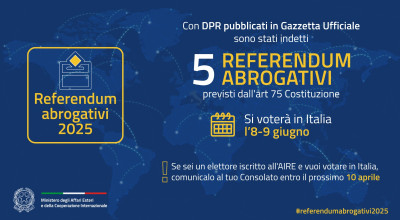 Consultazioni referendarie dell'8 e 9 Giugno 2025. Opzione voto in Italia per...