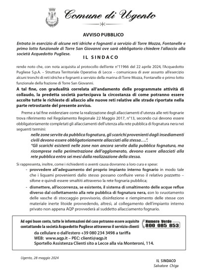 AVVISO PUBBLICO: Entrata in esercizio di alcune reti idriche e fognanti