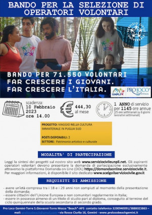 PROGETTO SERVIZIO CIVILE  &ndash; BANDO DI SELEZIONE DI N&deg; 2 OPERATORI VO...