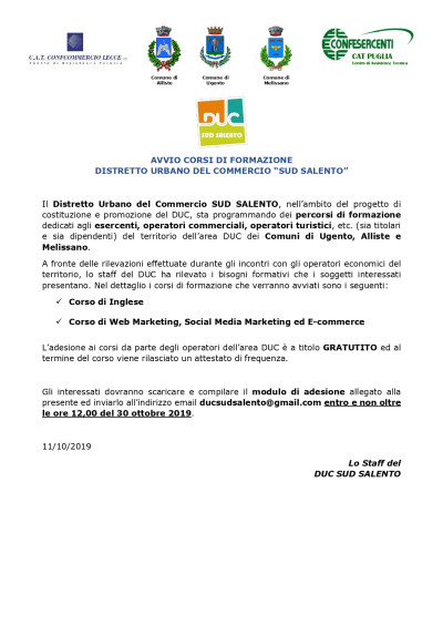 AVVIO CORSI DI FORMAZIONE DISTRETTO URBANO DEL COMMERCIO &ldquo;SUD SALENTO&r...
